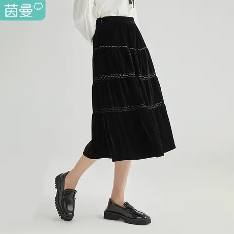 【商场同款】茵曼2021春季新款女高腰A字裙显瘦丝绒感半身长裙图片
