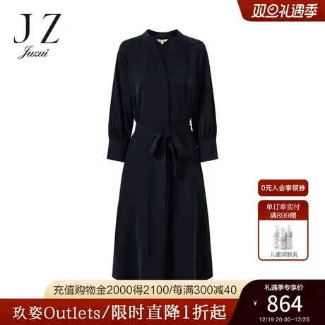 JZ玖姿通勤OL风雪纺连衣裙女装2022夏季新款丈青色气质收腰裙子图片