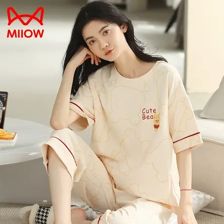 猫人睡衣女士春秋夏季纯棉短袖薄款七分裤家居服套装2023年新款图片