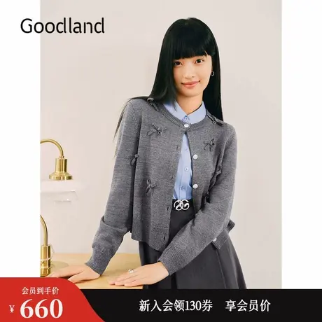 Goodland美地秋季羊毛格雷系减龄立体蝴蝶结针织衫图片