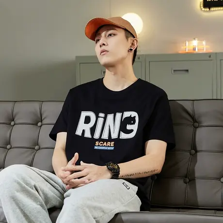 唐狮RINE字母t恤夏新款纯棉短袖男装潮休闲圆领宽松衣服半袖商品大图