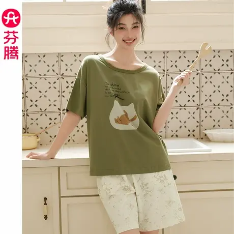 芬腾夏季女士睡衣薄款纯棉短袖短裤宽松休闲夏季可外穿家居服套装商品大图