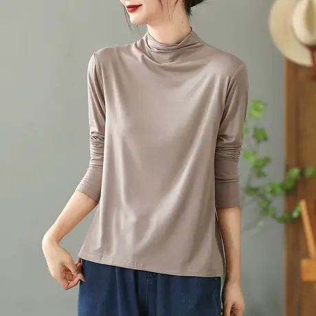 dza 复古宽松高领长袖T恤女春秋休闲内搭打底衫纯棉百搭短款上衣商品大图
