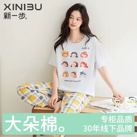 新一步纯棉薄款短袖女款长裤睡衣2025新款夏季家居服可外穿两件套商品大图