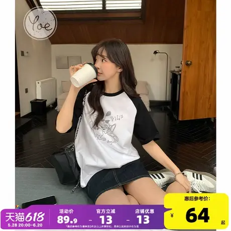 yoe短袖t恤女上衣夏季新款纯棉黑白撞色宽松女装小个子卡通印花正商品大图