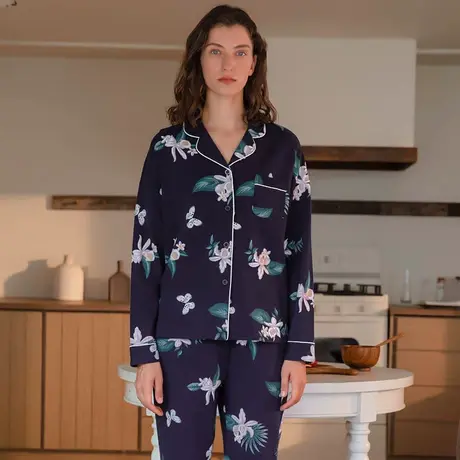 秋鹿【舒肤棉】睡衣女秋季长袖简约碎花气质纯棉开衫家居服大码商品大图