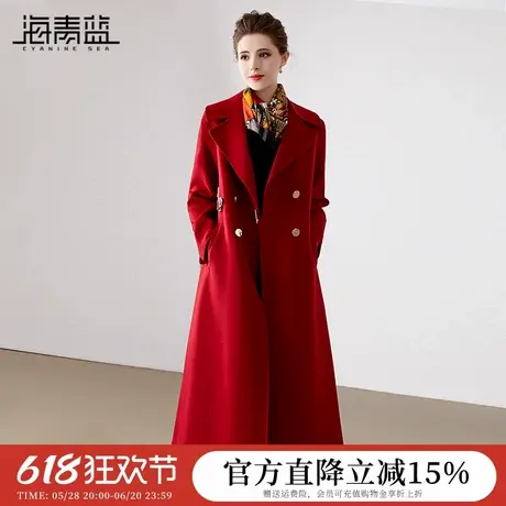 海青蓝洋气羊绒羊毛双面呢大衣女秋冬新款时尚百搭中长款毛呢外套图片