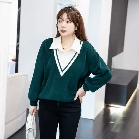 显瘦大码胖mm上衣女2023年季新款POLO领气质百搭宽松卫衣假两件商品大图