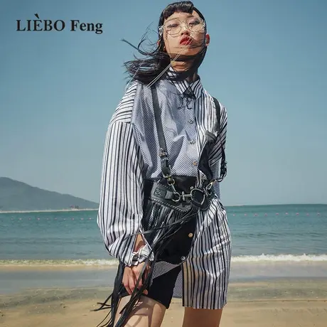 裂帛LIEBOFeng商场同款2023年春国潮甜酷拼接条纹长袖衬衫连衣裙图片