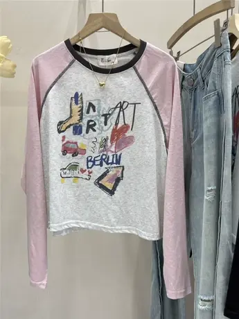 短款涂鸦减龄洋气卡通插肩长袖t恤女秋装宽松慵懒风百搭打底上衣图片