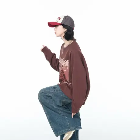 YEP春秋新款印花套头卫衣女美式复古宽松休闲圆领外套情侣款上衣图片