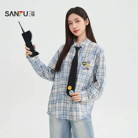 三福长衬衫2025秋季口袋印花简约翻领格子上衣女装507224商品大图