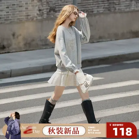 8.7/0点 上新唐狮2025秋新款灰色卫衣女圆领长袖复古蕾丝小众套头图片