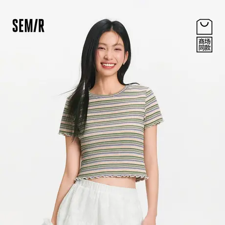 [商场同款]森马短袖T恤女短款木耳边紧身2025夏新款多巴胺条纹衫商品大图