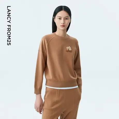 LANCY/朗姿2023秋季新款圆领丝绒刺绣宽松休闲时尚运动套头针织衫商品大图