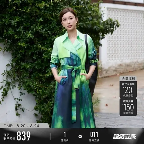 【商场同款】sdeer圣迪奥女装翻领收腰渐变印花长款风衣S24381805商品大图
