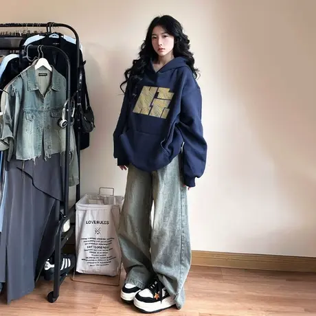 秋冬连帽卫衣女加绒加厚2025新款爆款巨好看慵懒风宽松百搭上衣女商品大图