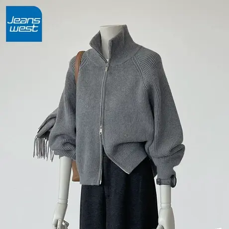KV真维斯拉链高领加厚针织上衣外套女2025秋季宽松插肩袖毛衣开衫商品大图