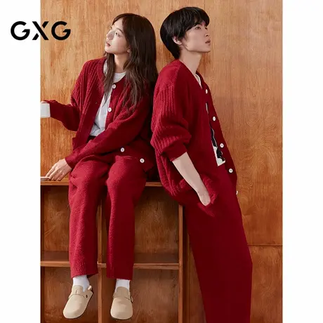 GXG男士家居服 红色肌理圆领开衫长袖保暖舒适睡衣套装冬季款商品大图