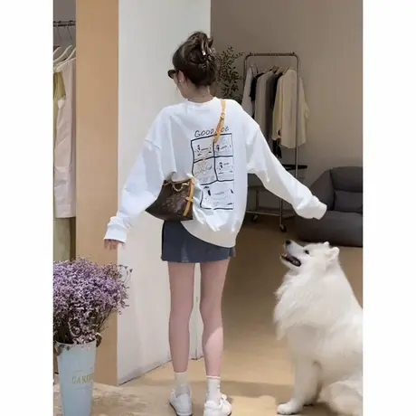 白色圆领字母印花卫衣女2025早秋季新款宽松显瘦oversize长袖上衣商品大图