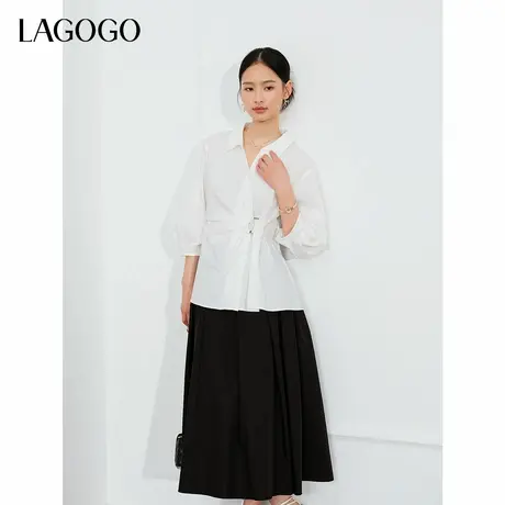 LAGOGO白色收腰设计感衬衫女拉谷谷2024年秋季新款修身气质上衣商品大图