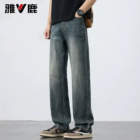雅鹿2026春季新款复古蓝磨白宽松牛仔裤男青年美式高街显瘦休闲裤图片