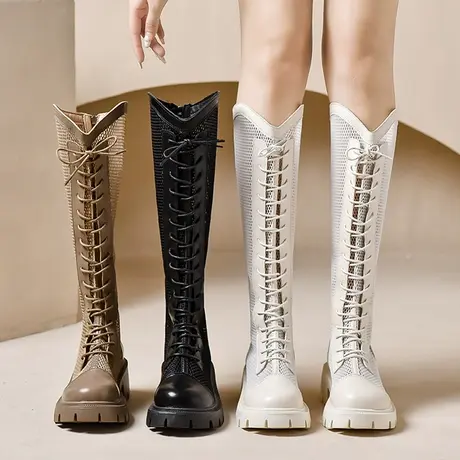 夏天长靴女镂空薄款透气厚底v口凉靴系带网纱骑士靴夏季高筒网靴图片