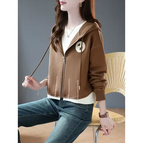 宝诗黎连帽拼接假两件拉链开衫卫衣2023秋季新款棉质宽松短款外套商品大图