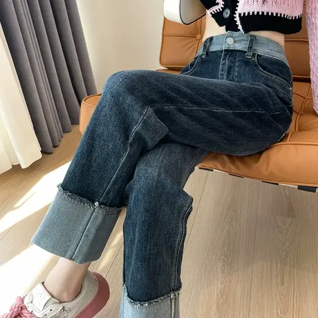 卷边直筒牛仔裤女秋冬弹力高腰2023新款蓝灰色小个子翻边烟管裤子商品大图