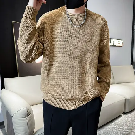 秋款男士毛衣冬季内搭纯色套头针织衫慵懒潮牌休闲圆领宽松上水貂图片