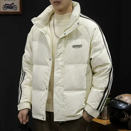 鸭绒无帽立领羽绒服男冬季2023新款潮牌大码男士外套轻薄条纹字母商品大图