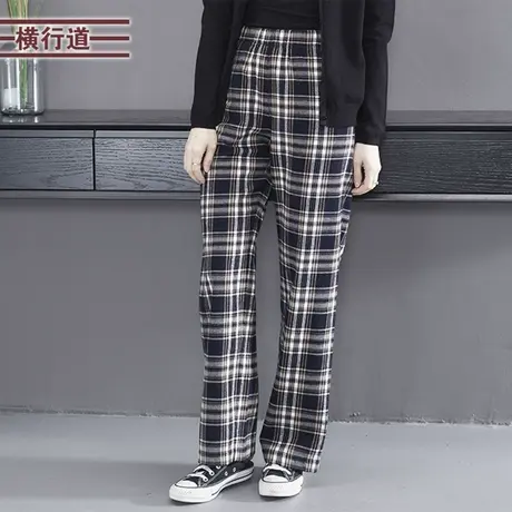 松紧腰阔腿格子休闲裤女冬装2023新款宽松垂感直筒阔腿裤长裤大码图片