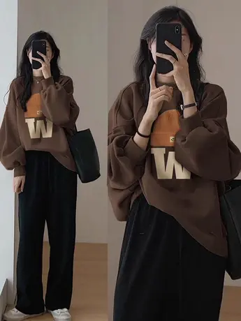 oversize加绒加厚卫衣女宽松美式秋冬上衣慵懒风chic休闲外套潮图片