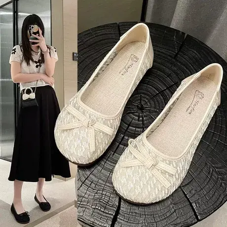 蝴蝶结平底浅口单鞋女2023新款夏季网纱透气豆豆鞋女网红百搭瓢鞋图片