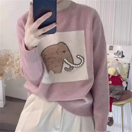 韩版卡通半高领毛衣女2023秋冬季新款长袖针织衫套头毛衣上衣女图片