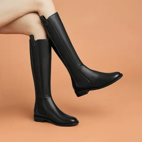 2023秋冬里外全皮欧美风低跟圆头真皮长靴百搭新款不过膝休闲皮靴图片