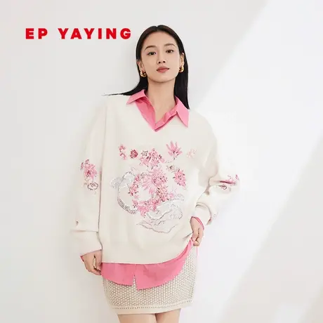 EP雅莹女装 羊毛羊绒龙腾牡丹提花针织衫上衣 2024春装新品9515A图片