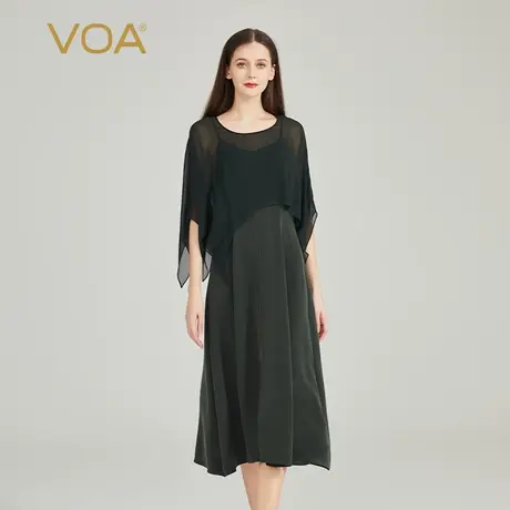VOA30姆米重磅桑蚕丝暗绿五分袖撞料乔其丝绸淑女优雅真丝连衣裙图片
