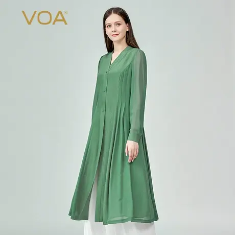 VOA真丝冠乐绉长袖撞料拼接单排扣褶皱透气宽松中长款桑蚕丝外套图片