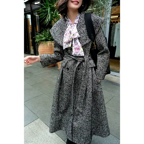 2023秋冬新款女装复古气质双排扣系带翻领女士羊毛大衣外套女图片