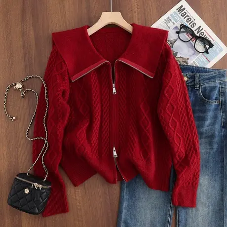 2023秋冬新款韩版宽松大翻领纯色拉链针织衫女士百搭上衣外套毛衣图片