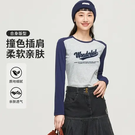 真维斯Z+女装 辣妹风圆领插肩袖撞色长袖T恤个性简约印花上衣X图片