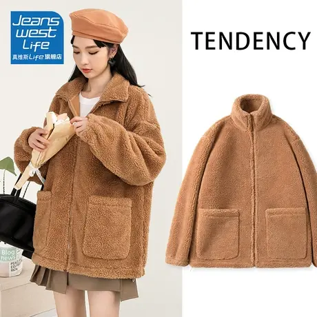 真维斯LIFE棕色外套女2023新款爆款秋冬加绒加厚羊羔绒开衫上衣潮商品大图