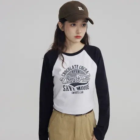 美式复古插肩t恤长袖秋季新款洋气减龄小个子设计感短款上衣女商品大图