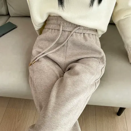 毛呢阔腿裤女春秋季羊绒加厚高腰显瘦宽松直筒拼接拖地裤休闲长裤图片