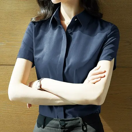 雀后夏装新款分叉短袖衬衫女蓝色职业正装修身显瘦工作服黑色衬衣商品大图