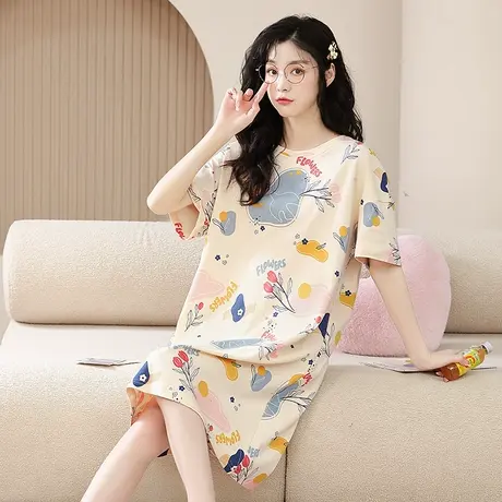 润微睡衣女夏季睡裙女薄款圆领短袖舒适纯棉家居服中长睡衣睡裙女商品大图
