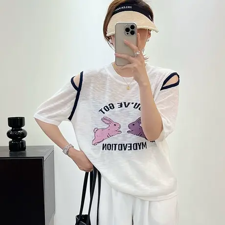 短袖t恤女2023新款夏季女装宽松半袖上衣设计感小众夏装体恤洋气图片
