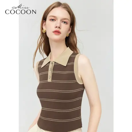 MISSCOCOON美拉德24春新款Polo领撞色条纹无袖针织衫商品大图