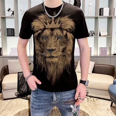 2023夏季男士欧货印花烫钻短袖t恤时尚潮流高端380g半袖打底衫男商品大图